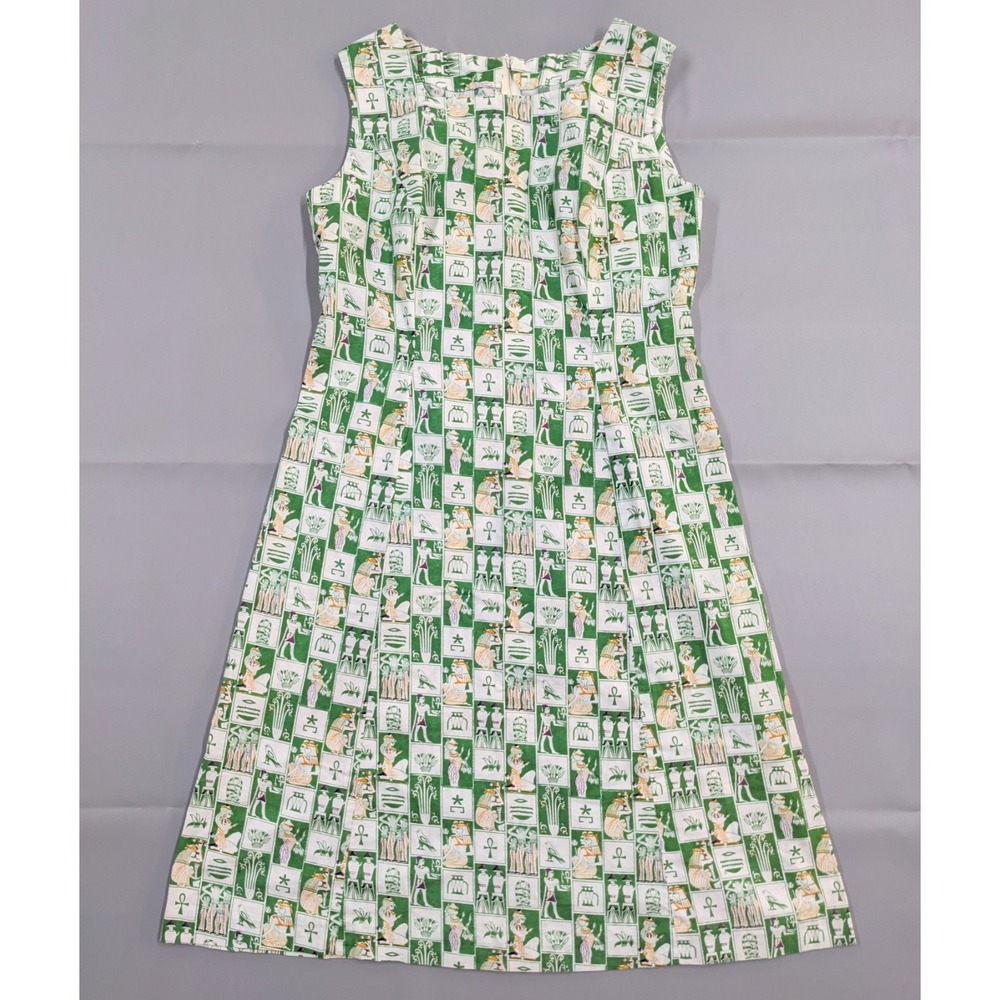 Vintage 60s 70s Mod Egyptian Novelty Print Shift Dress M Cotton A-Line Hippie